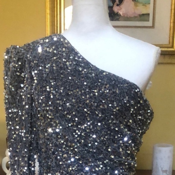 Vintage One Shoulder Glamorous Long Sleeve Sequins Grey Body con Mini Dress NWOT - Picture 4 of 16